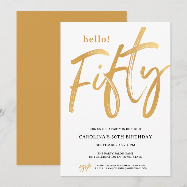Modern Hello Fifty Fiftieth Birthday Invitation Inbjudningar (Fram/baksida)
