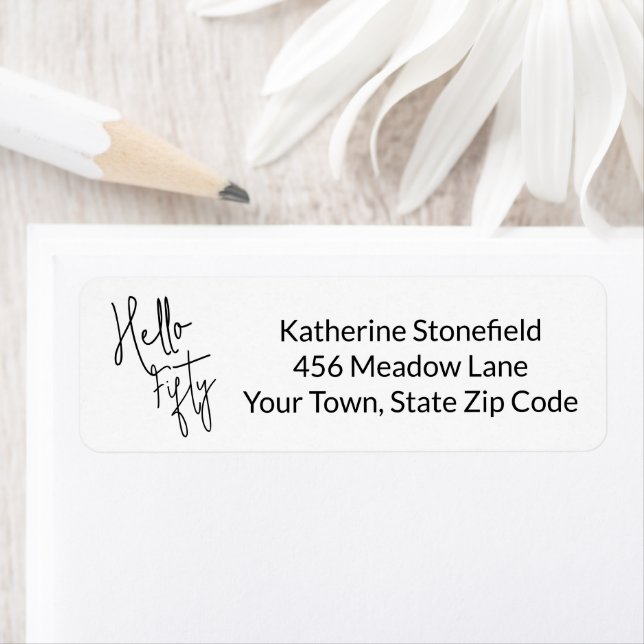 Modern Hello Fifty Script 50th Birthday Party Returadress Etikett (Insitu)