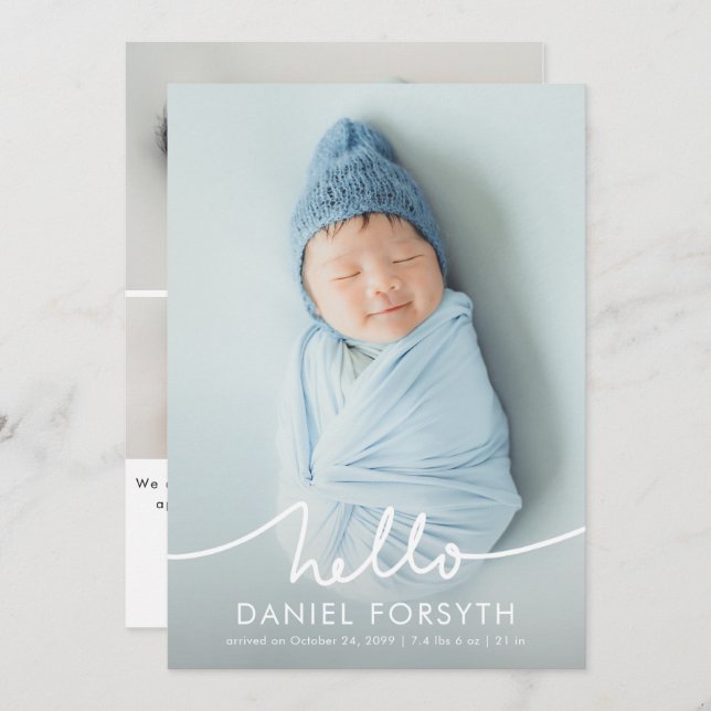 Modern Hello Script Newborn Baby Photo Birth Meddelande (Fram/baksida)