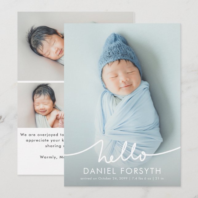 Modern Hello Script Nyfödd Baby Foto Födelse Meddelande (Fram/baksida)