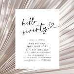 Modern Hello Seventy Black and White 70th Birthday Inbjudningar<br><div class="desc">Celebrate seventy years in style with this modern black and white “Hello Seventy” birthday invitation. Featuring elegant typography and a clean minimalist layout,  it’s perfect for an upscale dinner,  cocktail party,  or milestone celebration. A classy and timeless choice for a 70th birthday event.</div>