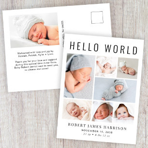 Modern Hello World Foto Collage Födelse Meddelande Vykort