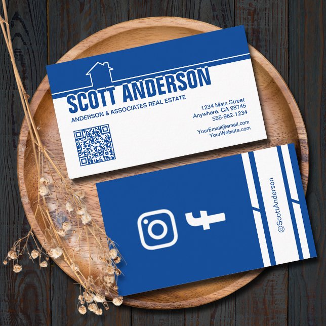 Modern Hem Logo Sociala Media QR-kod Blå Visitkort (Home logo QR Code social media blue-white business cards - real estate, cleaning, construction)