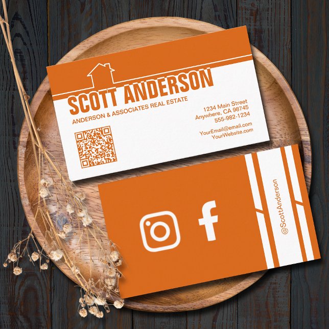 Modern Hem Logo Sociala Media QR-kod Orange Visitkort (Home logo QR Code social media orange-white business cards - real estate, cleaning, construction)