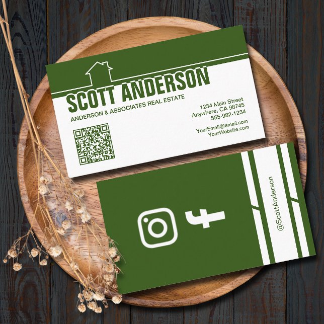 Modern Hem Logo Sociala Medier QR-kod Grön Visitkort (Home logo QR Code social media green-white business cards - real estate, cleaning, construction)