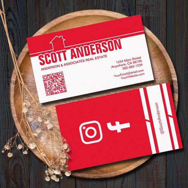 Modern Hem Logo Sociala Medier QR-kod Röd Visitkort (Home logo QR Code social media red-white business cards - real estate, cleaning, construction)