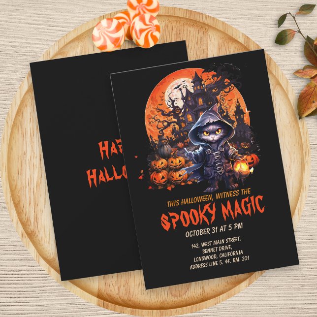 Modern hemlig House Black Cat Witch Halloween Inbjudningar (Skapare uppladdad)