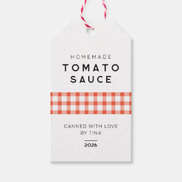 Modern hemmagjord tomatsås med rutig design presentetikett