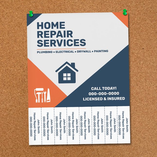 Modern Hemreparation Avrivbara Flikar Broschyr Reklamblad (Modern Home Repair Tear Off Strips Flyer)