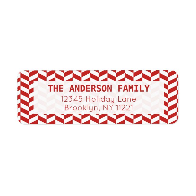 Modern Herringbone Chevron Red White Mönster Returadress Etikett (Framsidan)