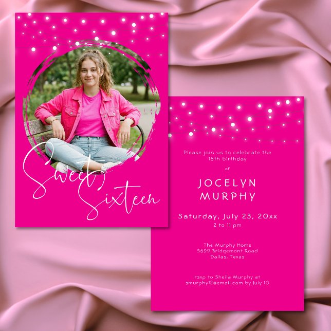 Modern hetrosa födelsedagsfest för sextonåring inbjudningar (Modern Hot Pink Photo Sweet Sixteen Birthday Party Invitation)