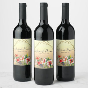 Modern Hibiscus Bröllop Vinflaska Etikett