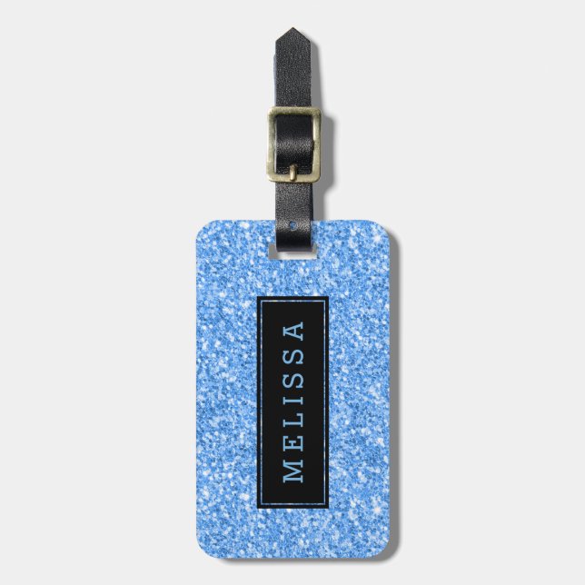 Modern Himlar-Blue Glitter Struktur Monogram Bagagebricka (Vertikal Framsida)
