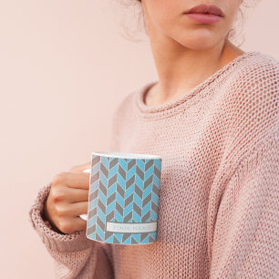 Modern Himlar Blue Grått Herringbone Chevron Mönst Kaffemugg