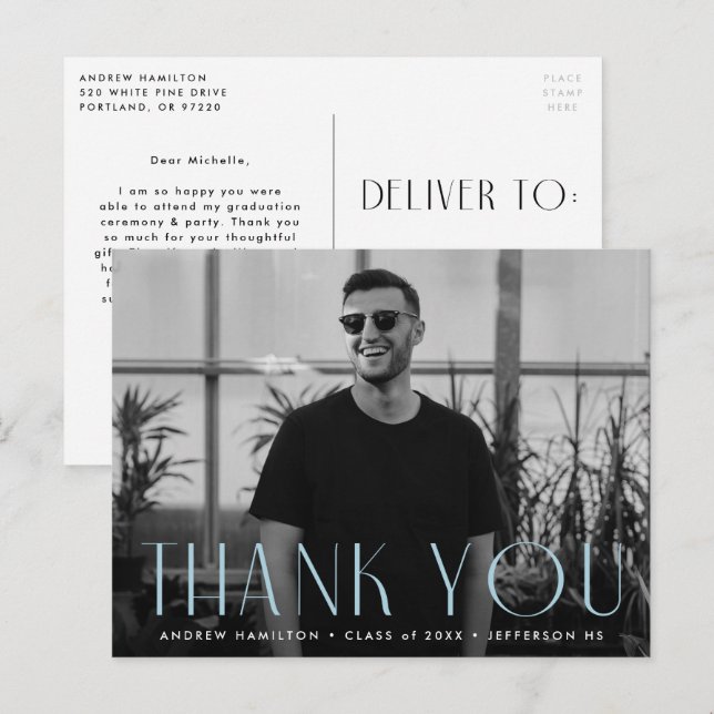 Modern Himlar Blue Photo Studenten Tack Vykort (Fram/baksida)