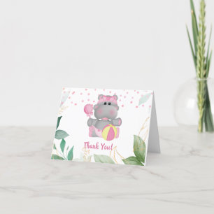 Modern Hippo Rosa Grönt Löv Baby Shower Tack Kort