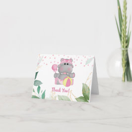 Modern Hippo Rosa Grönt Löv Baby Shower Tack Kort