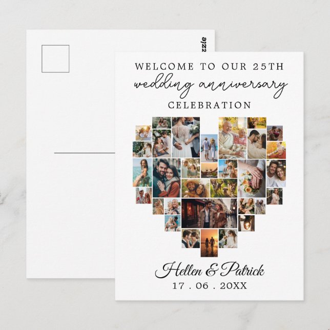 Modern hjärtformad fotokollage för bröllopsjubileu vykort (Fram/baksida)
