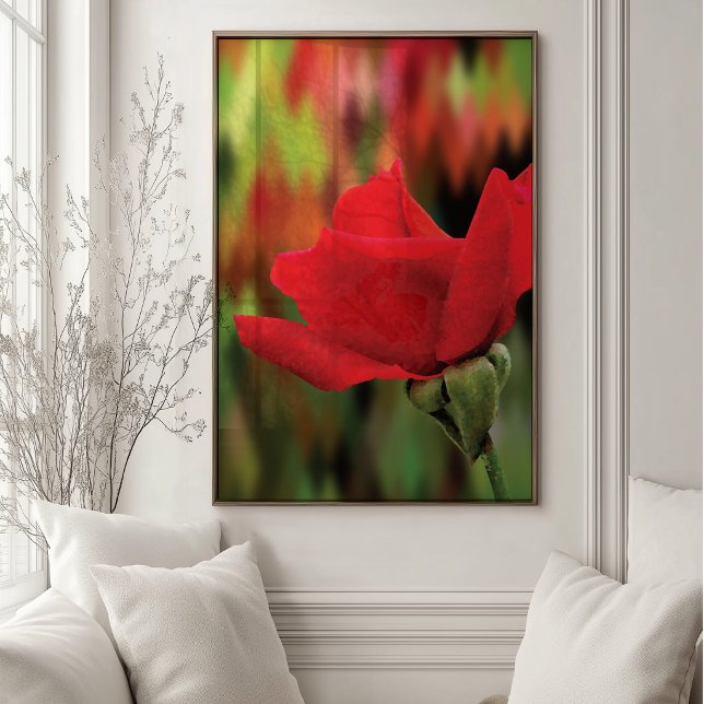 Modern Högljuddspolygonal Röd Ros | Botanisk Väggk Poster (High-poly red rose botanical wall art with vivid crimson petals and an abstract green background.)