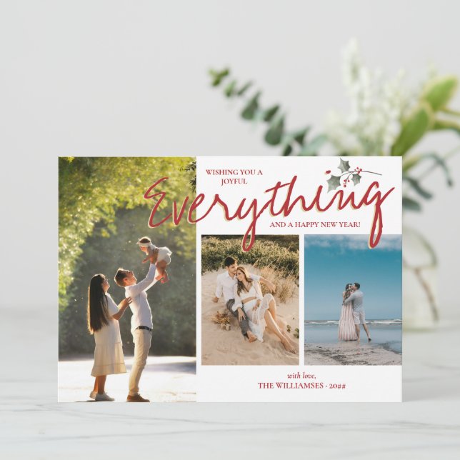 Modern Holly 3 Photo Red Grönt Elegant Nya familje Julkort (Stående Fram)