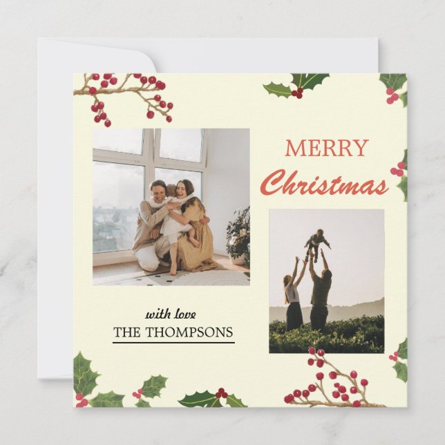 Modern Holly Berries God jul 2 Photo Julkort (Framsida)