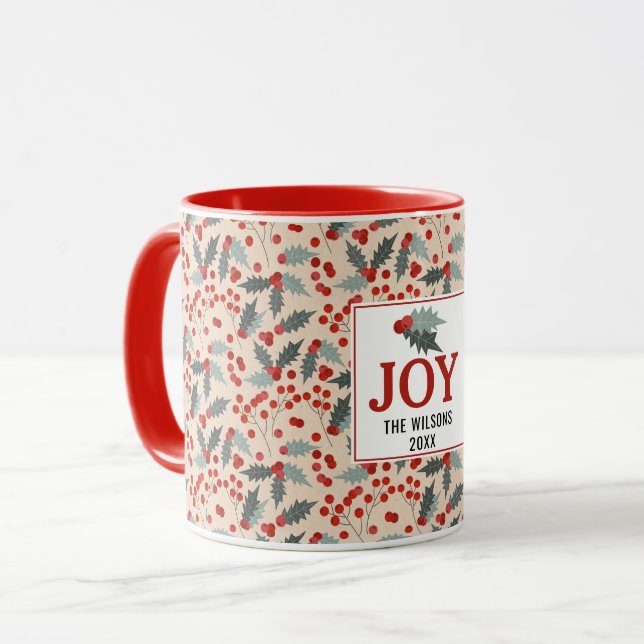 Modern Holly Berry jul Botanical Joy Family Mugg (Framsida vänster)