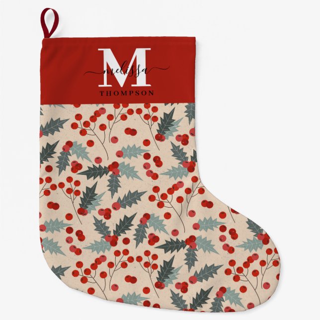 Modern Holly Berry jul Botanical Monogram Stor Julstrumpa (Framsidan)