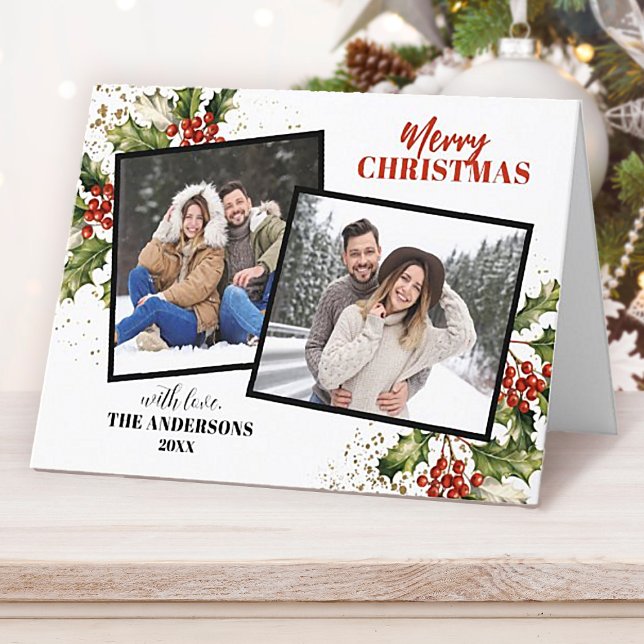 Modern Holly Berry Photo Collage jul Helgkort (An elegant and festive 2 photo Christmas card. Personalize it for Christmas this year!)