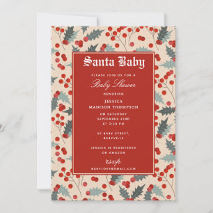Modern Holly Berry Santa Baby Shower Inbjudningar