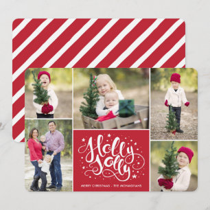 Modern Holly Jolly Photo Collage jul Red Julkort