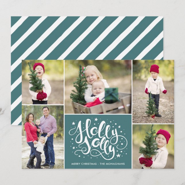 Modern Holly Jolly Photo Collage jul Teal Julkort (Fram/baksida)