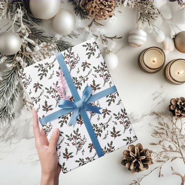 Modern Holly-julfabrik Berries Winter White Presentpapper (Christmas Holly Botanical Pattern wrapping paper)