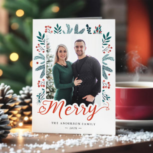 Modern Holly och Gräs God jul Script Photo Helgkort