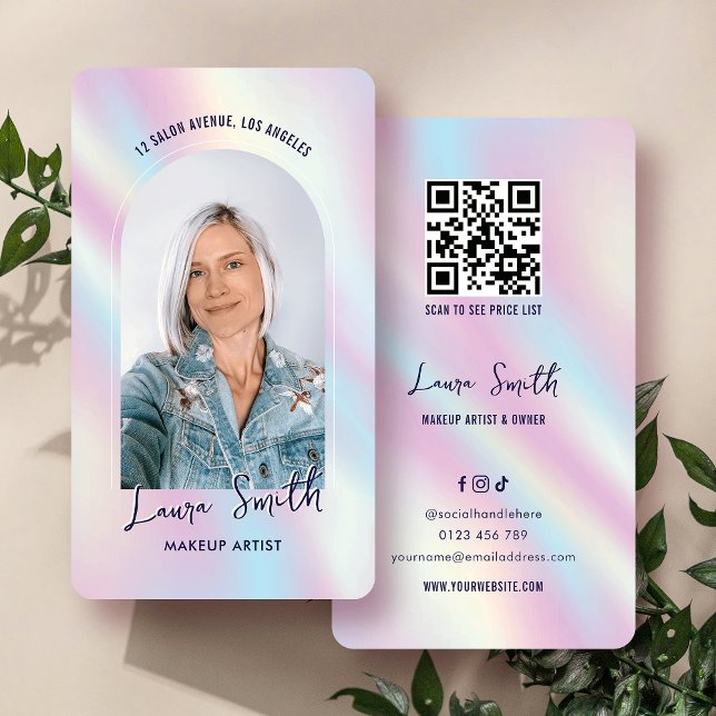 Modern holografisk Chic Aesthetician QR Code Photo Visitkort (Trendy photo business cards with girly holographic effect background and scannable QR code)