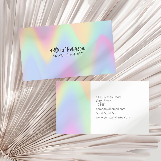 Modern holografisk Elegant-skript Visitkort (Modern Holographic Elegant Script Business Card on a white dry palm leaf.)