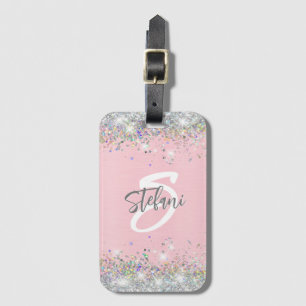 Modern holografisk Faux Glitter Monogram Bagagebricka