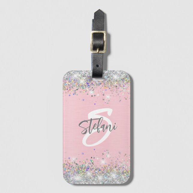 Modern  holografisk Faux Glitter Monogram Bagagebricka (Framsida vertikal)
