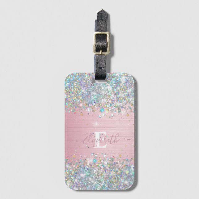 Modern  holografisk Faux Glitter Monogram Bagagebricka (Framsida vertikal)