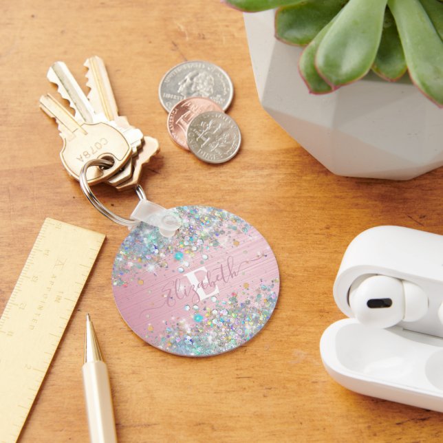 Modern  holografisk Faux Glitter Monogram Nyckelring (Skrivbord)