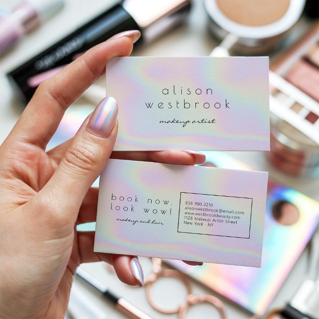 Modern holografisk makeup artist pastel rainbow visitkort (Modern holographic makeup artist pastel rainbow)