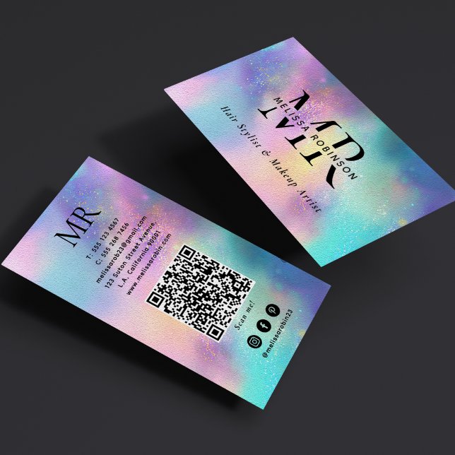 Modern holografisk monogram QR-kod & sociala medie Visitkort (Skapare uppladdad)