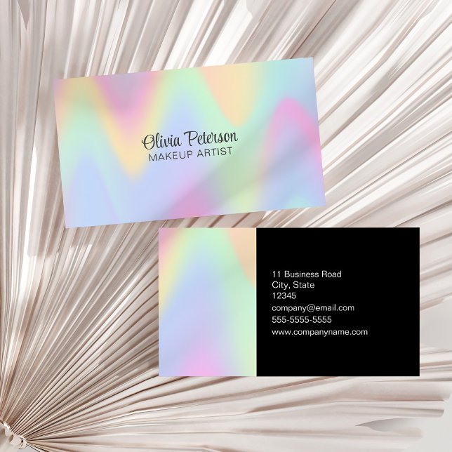 Modern holografisk och svart Elegant Visitkort (Modern Holographic and Black Elegant Script Business Card on a white dry palm leaf.)