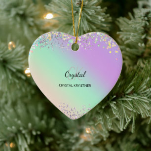 Modern Holografisk pastel Glitter Monogram Julgransprydnad Keramik