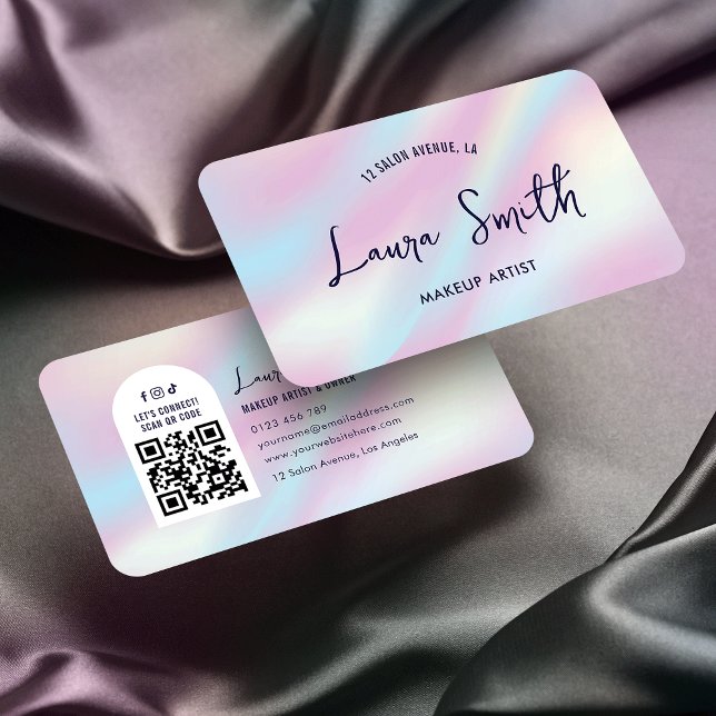 Modern Holografisk QR-kod Makeup Lash Salon Spa Visitkort (Trendy QR code business cards with holographic effect background and trendy fonts)