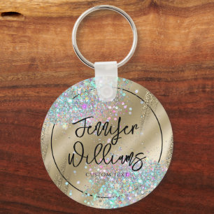 Modern hologragrafisk Glitter Foil Faux Guld Busin Nyckelring