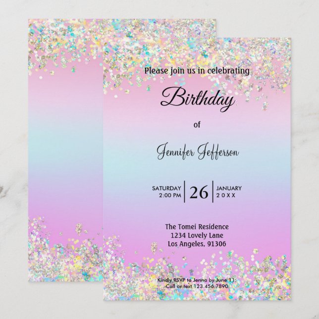 Modern holographic Birthday invitation Inbjudningar (Fram/baksida)