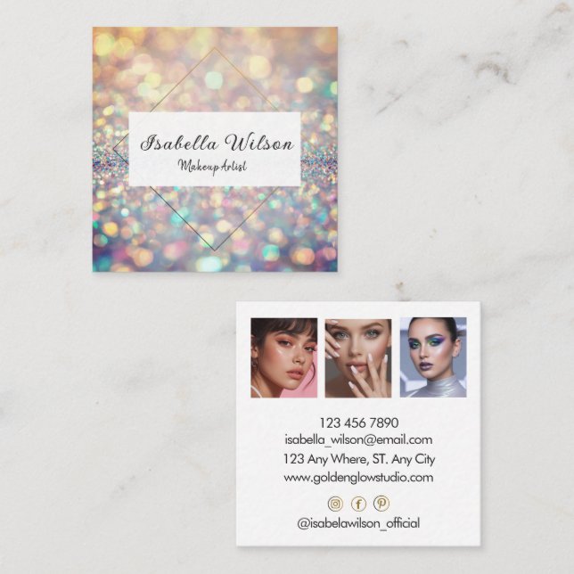 Modern Holographic Makeup Artist Glitter Fyrkantigt Visitkort (Fram/baksida)
