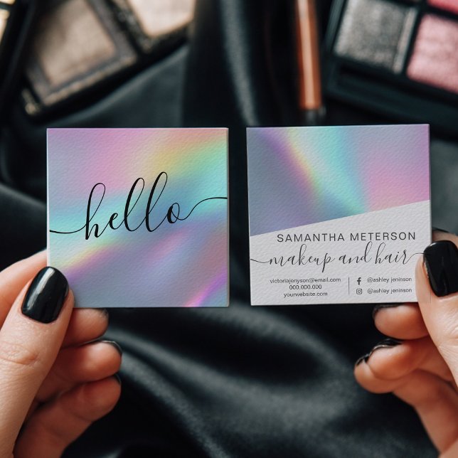 Modern Holographic Script Hello Beauty Branding Fyrkantigt Visitkort (Modern Holographic Script Hello Beauty Branding Square Business Card)