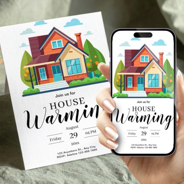 Modern Home Illustration Green Brown Housewarming Inbjudningar (Modern Home Illustration Green Brown Housewarming Invitation, Home Sweet Home, New Apartment Invite)