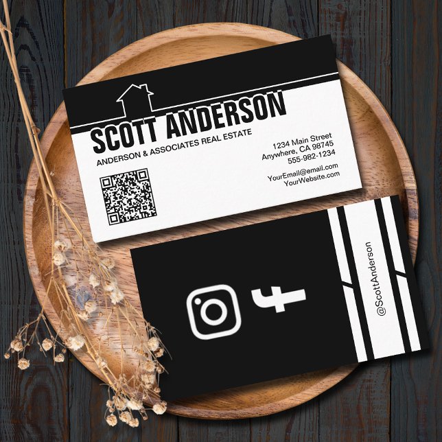 Modern Home Logo Social Media QR Code Black Visitkort (Home logo QR Code social media black-white business cards - real estate, cleaning, construction)